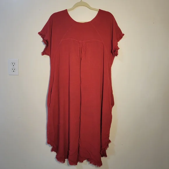 Vasna (Women's L) Red High-Low Frayed Hem Cotton Linen Blend Casual Dress - Picture 6 of 8